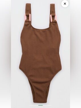 aerie Brown Textured One-Piece Swimsuit with Pink Buckle Accents